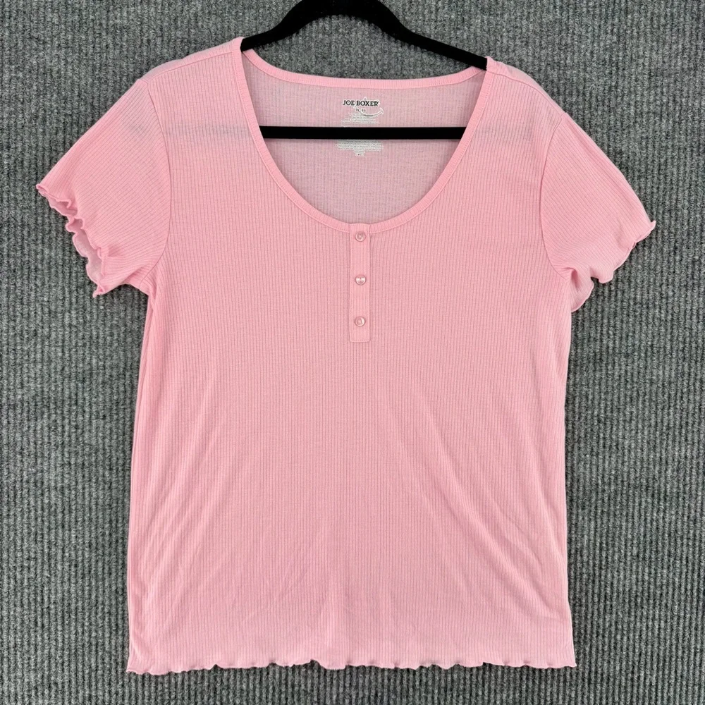 Joe Boxer Y2K Pink Sleepover Pajama Set XL Heart Shorts Lettuce Trim Ribbed Tee‎